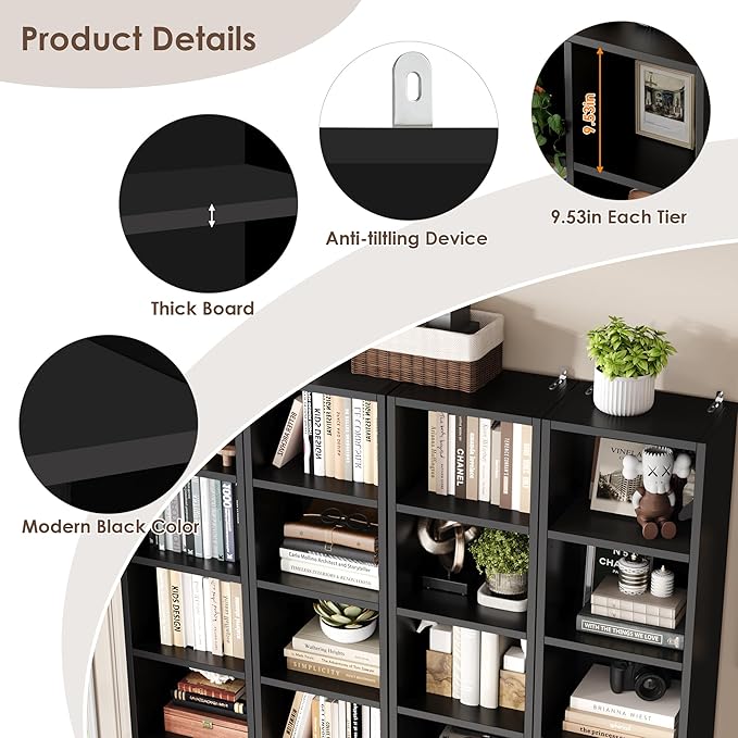 FOTOSOK 8-Tier Media Tower Rack, 11.6 X 9.3 X 70.9 Inches CD DVD Slim Storage Cabinet with Adjustable Shelves, Tall Narrow Bookcase Display Bookshelf for Home Office, Black