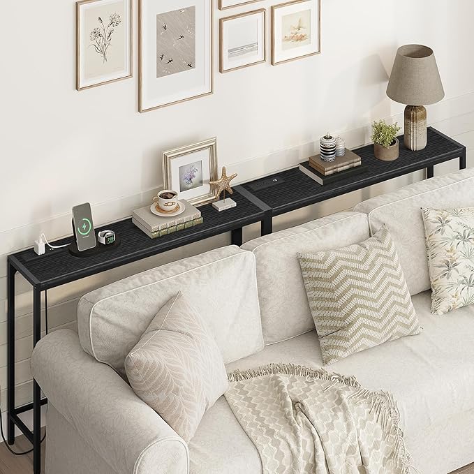 Console Table, 2 Pack Narrow Sofa Table, 43.3” Entrance Table with Power Station, Behind Couch Table, for Living Room, Hallway, Entryway, Foyer, Black CTBK112E01S2
