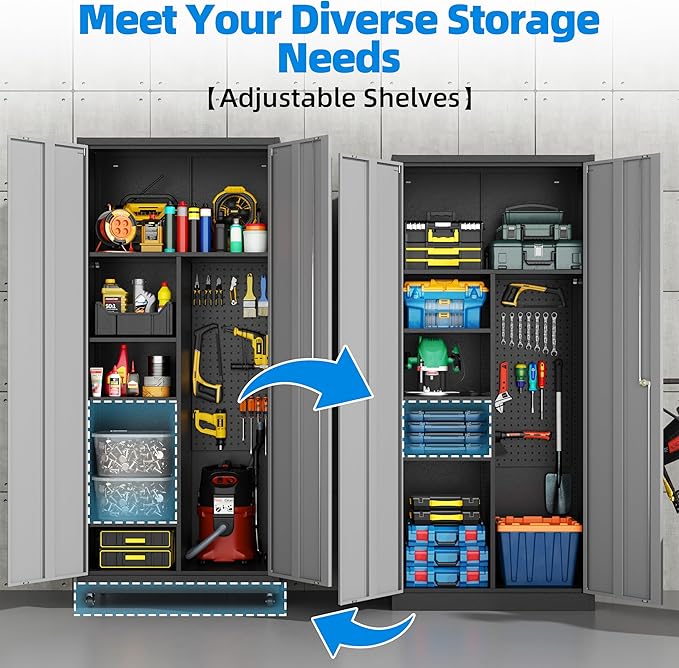 Garage Storage Cabinet with 4 Wheels,Lockable Tool Cabinets with Pegboard and 4 Adjustable Shelves,71" H Broom Closet Cabinets for Utility Room,Workshop