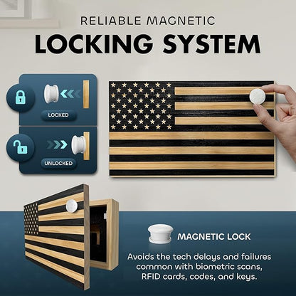 American Flag Hidden Gun Safe - Quick Access Hidden Gun Shelf - Concealment Shelf with Magnetic Lock - Wall Gun Safe for Secure Firearm Storage - Handcrafted In USA by Bellewood Designs (Carbon Gray)