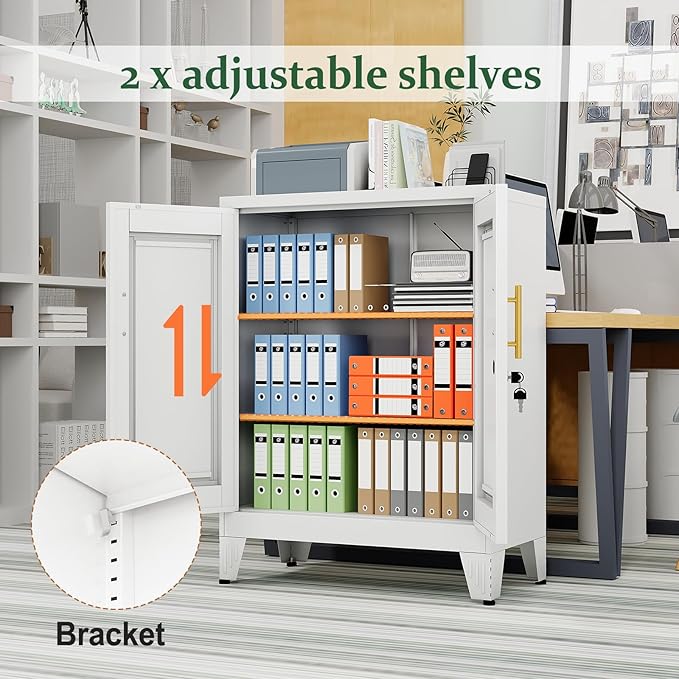 White Metal Storage Cabinet, 36" Tall Locking Storage Cabinet with 2 Adjustable Shelves, Steel Locker Organizer, for Office, Home, School