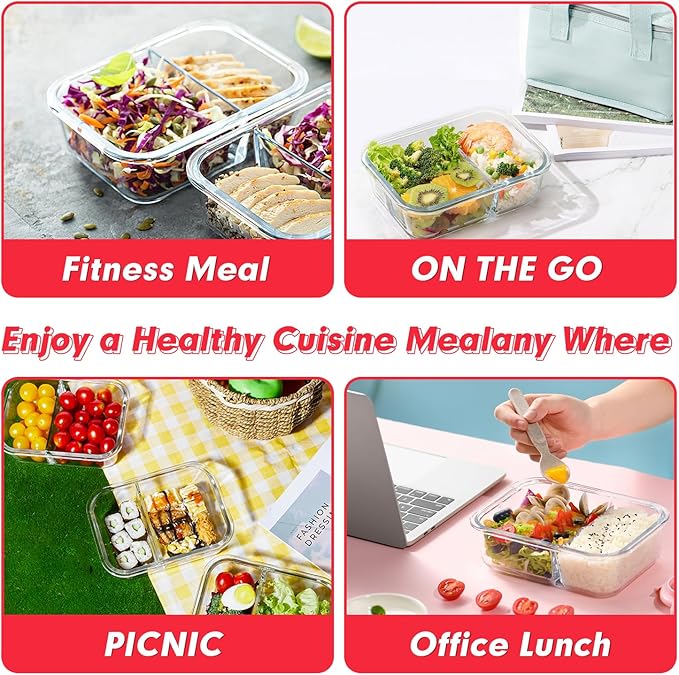 VERONES 10 Pack Glass Meal Prep Containers 2 Compartment Set, 30 OZ Airtight Glass Lunch Containers, Food Storage Containers with Lids, for Microwave, Oven, Freezer & Dishwasher Friendly，Red