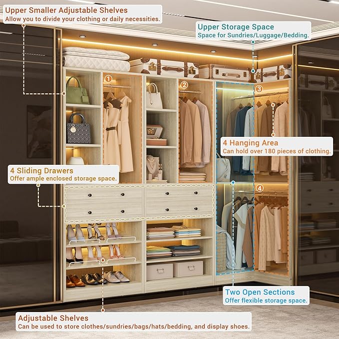 Closet System with 4 Drawers and Hanging Rods, 59.5"L / 87"L Closet Organizer System with Corner Tower, L Shaped Walk-in Closet System, Corner Closet System with Shelves, Set of 3, Greige Oak
