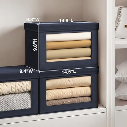 Minimalist 6 Pack Large Fabric Storage Bins with Lids, Navy Blue, 14 Inch. - 6 Count, Ideal for Clothes, Books, CD, Bedroom, Living Room
