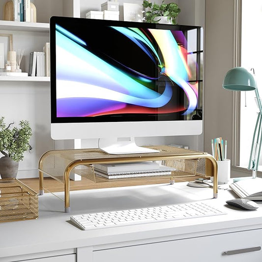 Martha Stewart Ryder Gold Mesh Metal Desktop Monitor Stand Riser with Organizer Drawer and Side Storage