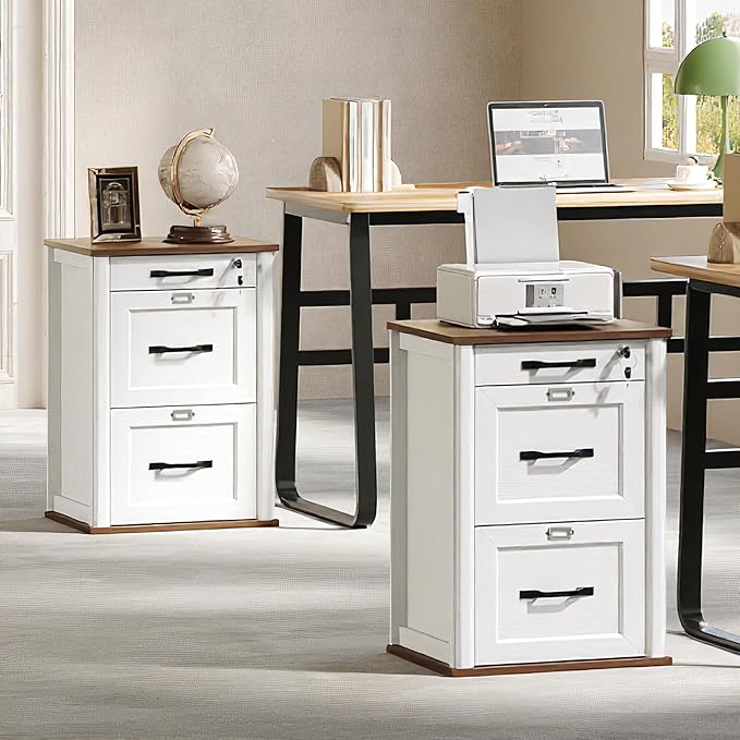 3 Drawer File Cabinet with Lock, Wooden Farmhouse Filing Cabinet with Storage Fits Letter and A4 Size, Vertical Printer Stand for Home Office, Walnut and White