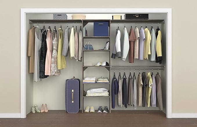 ClosetMaid SuiteSymphony Wood Closet Organizer Kit with Tower, 3 Hang Rods, Top Shelves, Adjustable, Fits Spaces 6 - 10 ft. Wide, Graphite Grey
