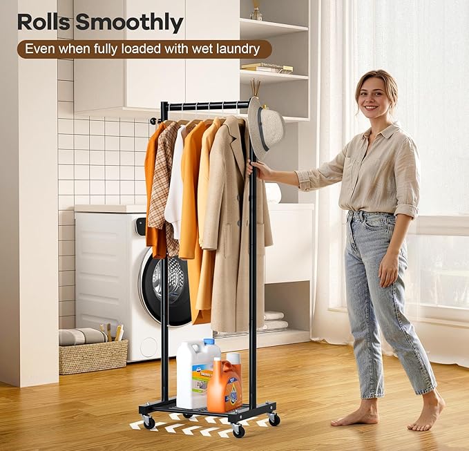 MISSLO Small Clothes Racks for Hanging Clothes Clothing Rack with Wheels 60" Metal Garment Rack with Shelves Portable Rolling Wardrobe Rack for Small Space, Black