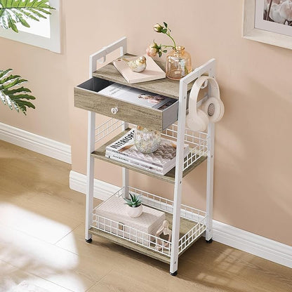 3-Tier Ladder Shelf with Drawer, Bathroom Table Stand for Small Space, Standing Bathroom Shelves with Storage for Living Room Kitchen Bedroom, Organizer Shelf, White