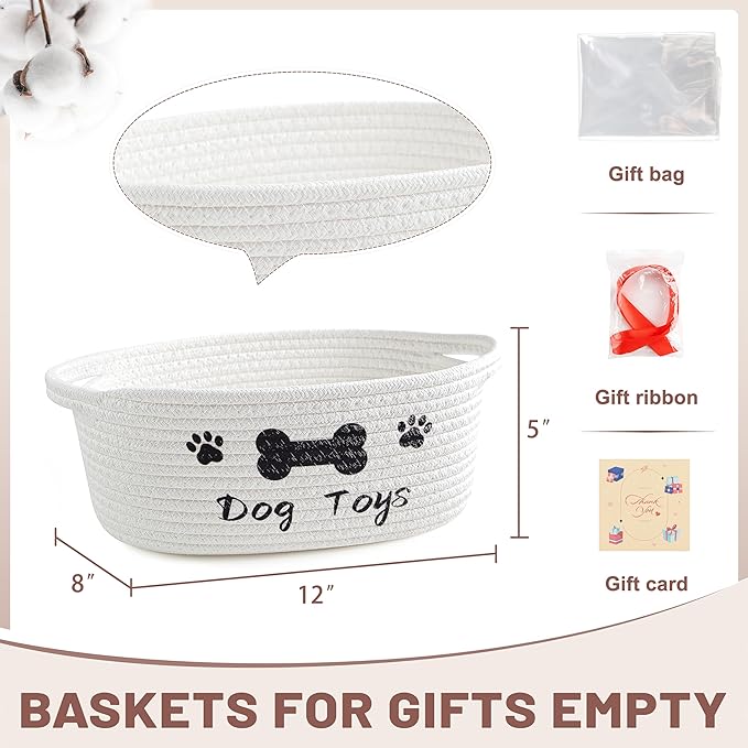 Small Woven Dog Gifts Basket for Storage Empty Dog Toy Bins Organizer with Ribbons and Bags Durable Cute Pet Gifts 12"X 8" X 5" Small Rope Basket for Gifting