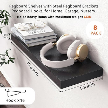 Black Pegboard Shelf, 8 Pack Wooden Pegboard Shelves with Metal Brackets Hooks, Heavy Duty Peg Board Organizer Shelves, Pegboard Accessories Organizer for Crafts Room, Garage, Workbench, Office