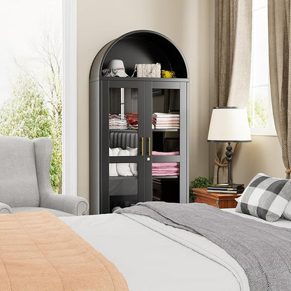 73'' H Metal Arched Display Cabinet with Glass Door,Locking Kitchen Pantry Cabinet with Lockable Door and 2 Adjustable Shelves for Home Office, Assembly Required, Black