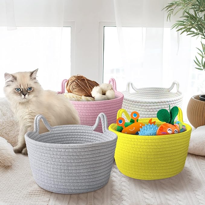 Woven Rope Basket with Cat Ears, Yellow, Round, 9.4 in