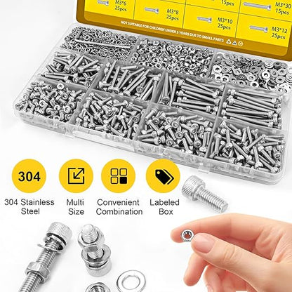 720pcs M3 Screws Assortment kit, Hex Socket Head Cap Bolts, Nuts & Washers Assorted Set M3x6/8/10/12/16/20/25/30 mm, 304 Stainless Steel Hardware Kit for DIY, 3D Printer