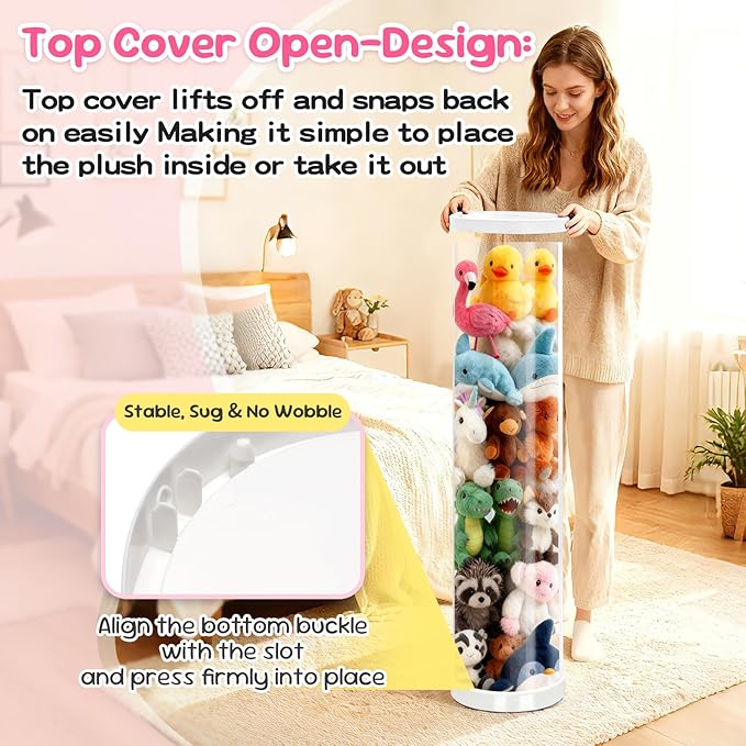 Stuffed Animal Storage Tube, 47x11 Inch Large Capacity Toy Storage Organizer with Zipper - Easy Assembly & Space Saving for Plush Toys, Ideal for Playrooms Living Rooms Bedrooms (Ivory White)