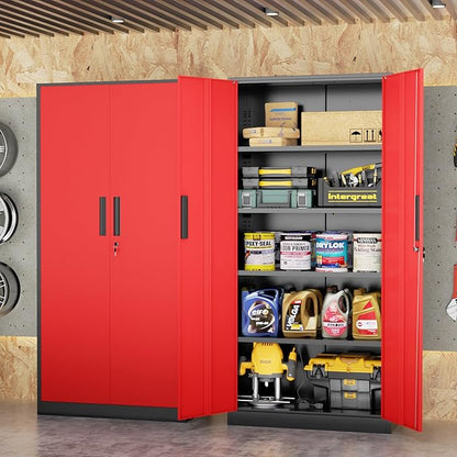 INTERGREAT Garage Storage Cabinet with Lockable Door, 72" H Metal Locking Cabinets with 4 Adjustable Shelves,Black Red Steel Cabinets Storage for Home Office, Warehouse，School