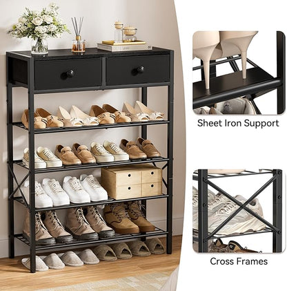 Shoe Rack for Entryway, 5 Tier Shoe Organizer with 2 Non-Woven Drawers, Metal Storage Shoe Shelf for 16-20 Pairs of Shoes, with Wooden Top and Steel Frame, Shoe Stand for Closet Charcoal