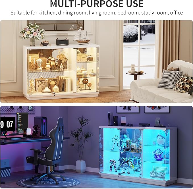 HNEBC Lockable Display Curio Cabinet with Glass Door,47.2" W Glass Display Cabinet with 3 Color Lights for Collectibles,5-Tier Lighted Display Case with Human Sensor,Living Room,White