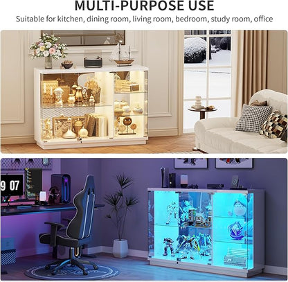 HNEBC Lockable Display Curio Cabinet with Glass Door,47.2" W Glass Display Cabinet with 3 Color Lights for Collectibles,5-Tier Lighted Display Case with Human Sensor,Living Room,White