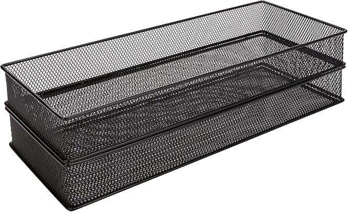 Annova Mesh Stackable Drawer Cabinet and Shelf Organizer Bins Storage Basket School Office Supply Holder Tray- Set of 2 (Black, 6x15x2 Inch)