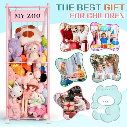 Stuffed Animal Storage Zoo with Wheels, Wooden Stuffed Animal Organizer with Elastic Cords, Space Saving Toy Plushies Storage Holder for Playroom, Bedroom, Living Room(Pink, Large)