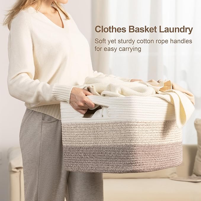 86L Extra Large Laundry Basket with Leather Handles for Living Room Storage,Woven Rope Baskets for Blanket,Kids Toy,Gifts,Wicker Hamper for Bedroom Dirty Clothes,24"x16"x14"Gradient Brown