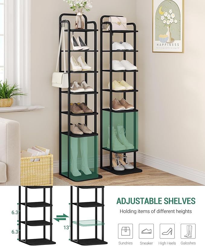 8 Tiers Vertical Shoe Rack, Narrow Shoe Tower, Tall Shoes Shelf with 2 Hooks, Adjustable Shelves, Corner Shoes Shelves for Small Spaces, Entryway, Living Room, Black SR04304B