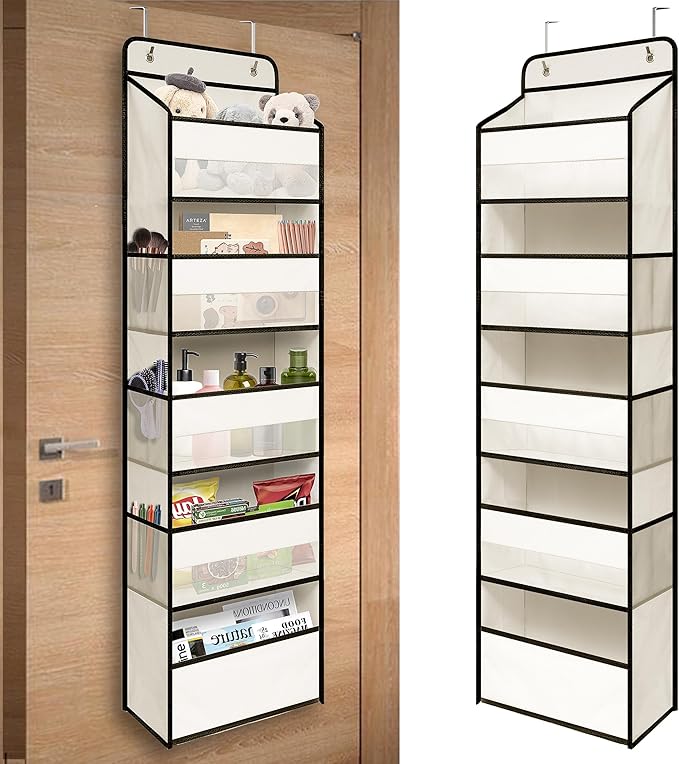 Over Door Organizer with 5 Large Pockets, Heavy Duty Hanging Organizer Storage, Closet Bathroom Nursery Bedroom Dorm, Toys Cosmetics Sundries and Baby Essentials, White