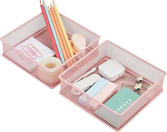 Annova Mesh Stackable Drawer Cabinet and Shelf Organizer Bins Storage Basket School Office Supply Holder Tray- Set of 2 (Light Pink, 6x6x2 Inch)