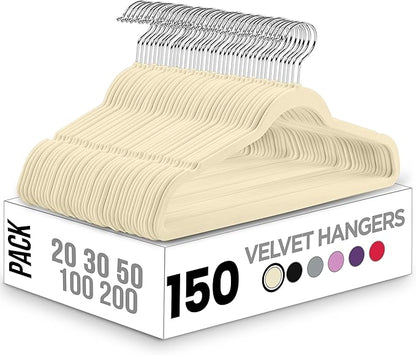 Utopia Home Velvet Hangers 150 Pack – Luxury Non-Slip Slim Pant & Coat Hangers, Strong Space-Saving Clothes Hangers with Pants Bar and 360° Swivel Hook – Ivory