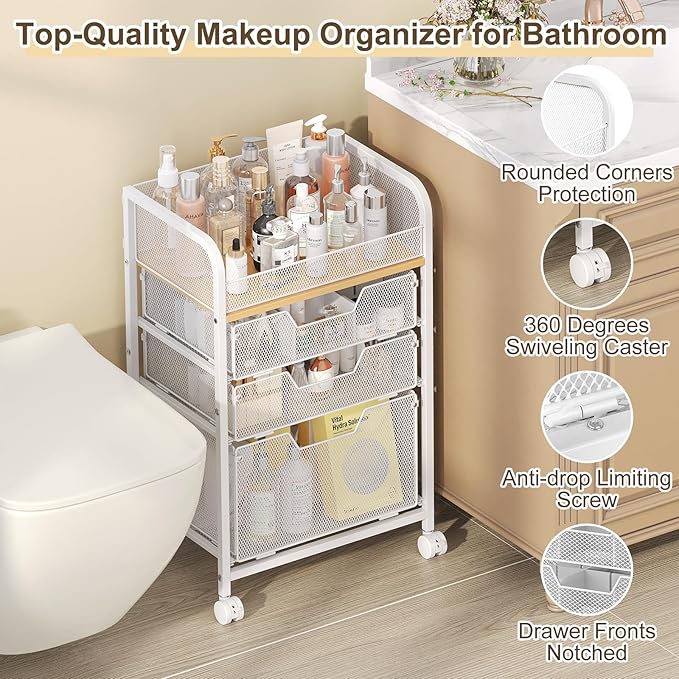 Rolling Makeup Cart Organizer with 3 Drawers, Floor Skincare Organizers with Wheels, Cosmetics Display Cases, Vanity Storage Organizer for Skin Care Perfume Nail Polish, White