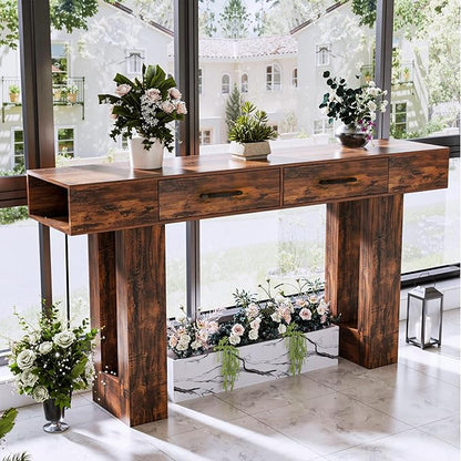 63" Industrial Console Table with Outlets and 2 Drawers, Rustic Long Sofa Table for Living Room, Bedroom, Hallway, Entryway Storage and Display