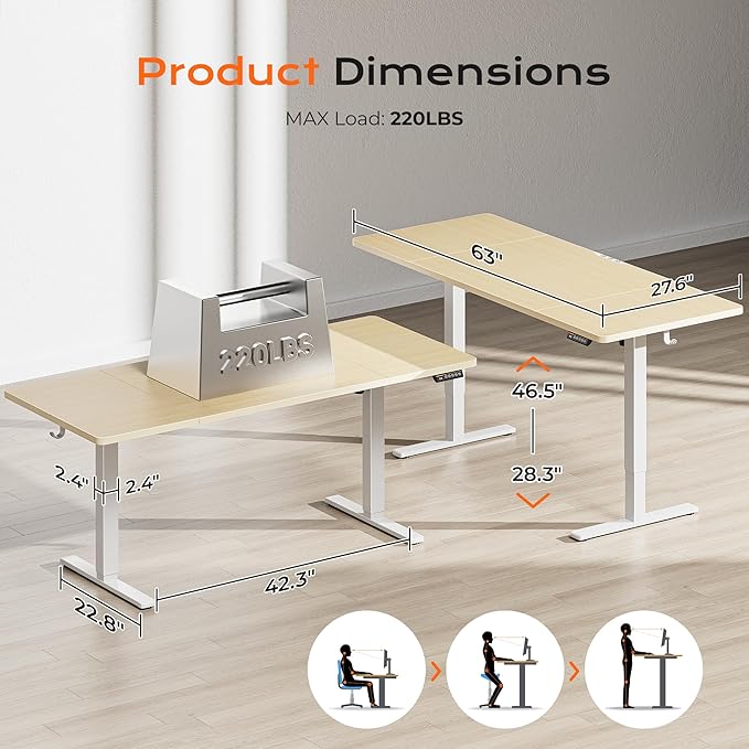 Huuger 63 x 28 Large Electric Standing Desk, Height Adjustable Computer Desk, 27.6" Deep Desktop, Stand up Gaming Office Table with 2 Hooks, 3 Preset Heights, for Home Office, Maple