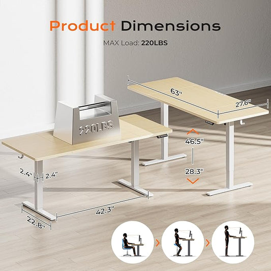 Huuger 63 x 28 Large Electric Standing Desk, Height Adjustable Computer Desk, 27.6" Deep Desktop, Stand up Gaming Office Table with 2 Hooks, 3 Preset Heights, for Home Office, Maple