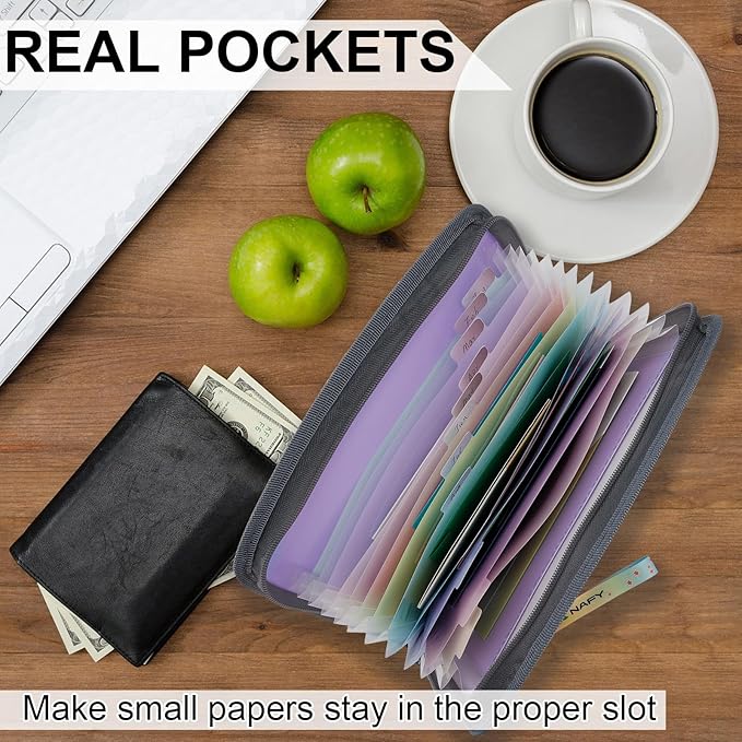 NAFY Small Accordian File Organizer, A5 Check Size 13 Pockets Coupon Receipt Holder Organizer with Zipper, 11X7 Inches Accordion Expanding Folder Wallet for Coupon, Receipt, Bills, Cash(Lilac)