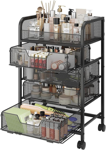 Makeup Cart Organizer with 4 Drawers, Vanity Storage Organizer, Large Floor Skincare Organizers Cosmetics Display Cases for Skin Care Perfume Nail Polish, Black