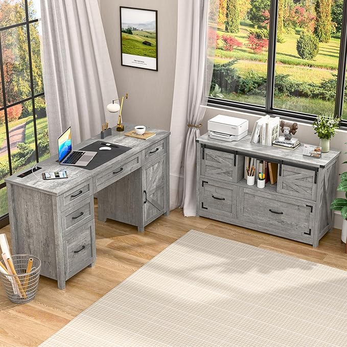 Vabches Lateral File Cabinets 2 Drawer with Sliding Barn Doors, Farmhouse Filing Cabinet with 2 Drawer for Home Office，Filing Organization Storage Cabinets for Hanging Files Letter/Legal/F4/A4