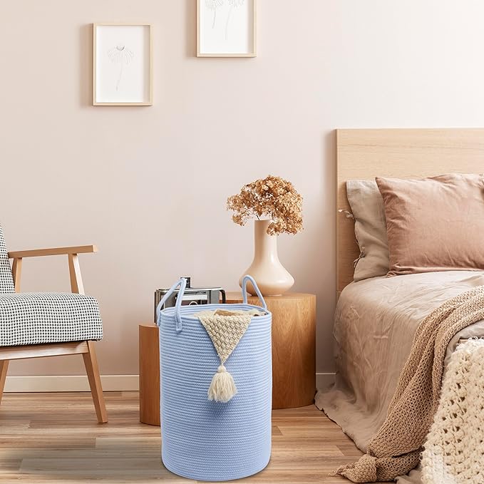 Cotton Rope Laundry Basket Hamper for Clothes Woven Storage Basket for Living Room Bedroom Boho Tall Rope Baskets for Blanket Toys Pillow Towels Baby Nursery Hamper Bin light blue Large