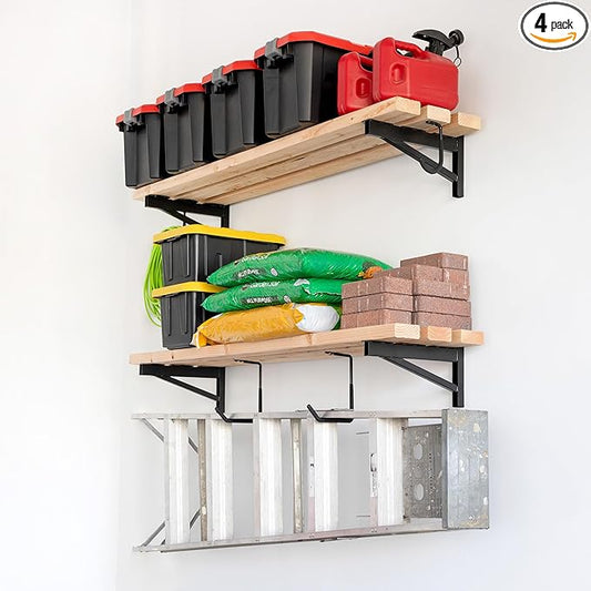 StoreYourBoard 14 Inch Heavy Duty Shelf Brackets, Set of 4 for 1' x 4' DIY Garage Wall Shelves, Holds 600 lbs, Solid Steel, Includes 4 Hooks for Hanging Storage, 14" x 1" x 8.5"