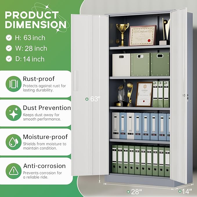 INTERGREAT Metal Storage Cabinet with Lock, 63" H Metal Cabinets Storage with 2 Doors and 4 Adjustable Shelves, Locking Garage Cabinet for Home Office, Kitchen, Bathroom (White Grey)
