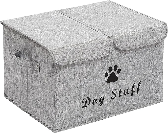 Large Dog Toys Storage Box Canvas Storage Basket Bin Organizer with Lid - Collapsible Linen Bin Ideal for Organizing Dog Cat Toys and pet stuff-PP Boad-17" x 12" x 10" - Snow Gray