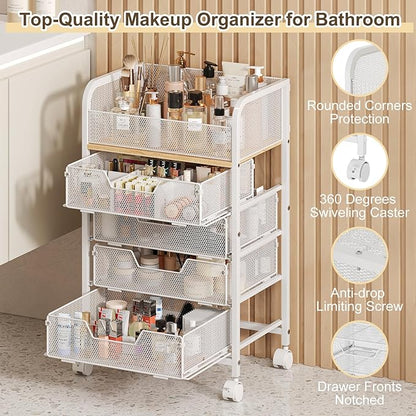 Makeup Cart Organizer with 4 Drawers, Large Floor Skincare Organizers, Vanity Storage Organizer Cosmetics Display Cases for Skin Care Perfume Nail Polish, White