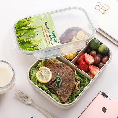 Wheat Straw Lunch Box, Leakproof 3-Compartment Bento Box for Kids & Adults, BPA-Free Lunch Containers, Microwave & Dishwasher Safe, 5.5 Cup (White)