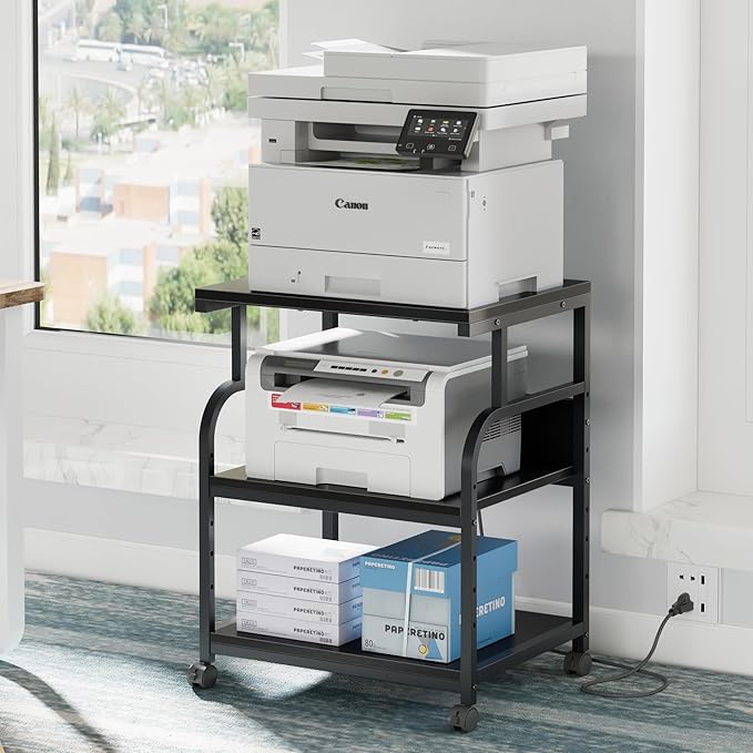 VECELO Large Printer Stand with Power Outlet, 3-Tier Rolling Cart with Adjustable Shelf & Lockable Wheels, Heavy Duty Utility Table for Home Office, 18.9"x23.6"x30.2", Black