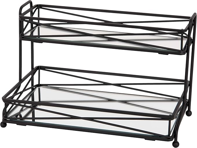 Home Details Mirrored, Perfect for Perfumes, Jewelry, Makeup, Cosmetic Organizer, Stylish Decor in Matte Black 2 Tier Vanity Tower