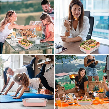 Bento Box Kids, 1300ML Adult Lunch Box with 4 Compartment & Food Picks & Cake Cups, Leak-Proof, Microwave/Dishwasher/Freezer Safe (Pink)
