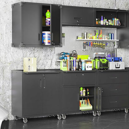 Metal Garage Storage Cabinet on Wheels, Lockable Rolling Tool Cabinet with Doors and Shelves, Heavy Duty Mobile Steel Cabinet for Garage Warehouse Workshop