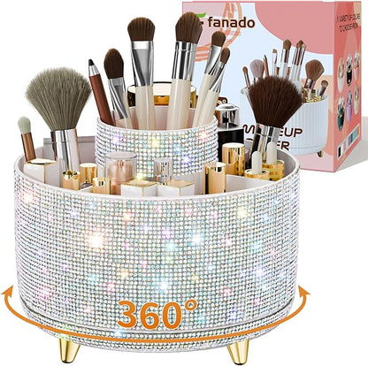 Bling Diamond Makeup Brush Holder, 360° Rotating Makeup Organizer, 5 Slot Make up Brushes Cup for Countertop, Storage for Cosmetics Pen Eyeliner Skincare on the Vanity ((Diamond white AB)
