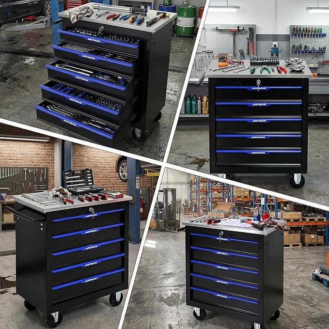 5-Drawer Rolling Tool Chest with Stainless Steel Countertop,Tool Chest with Secure Locking System,Mobile Storage Tool Cabinet with 360°Wheels and Padded Feet,for Home,Garage (Black+Blue)
