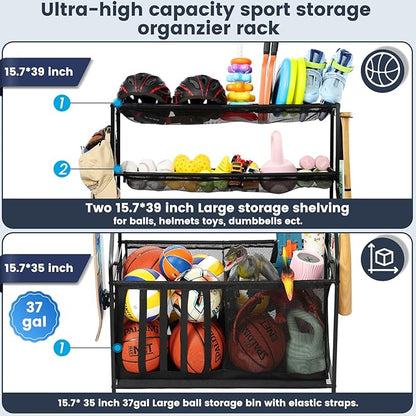 Kinghouse Garage Sports Equipment Organizer with 37 Gal Ball Storage Bin, Sports Rack with Hooks Elastic Straps for Basketball, Soccer, Tennis, Stick, Racket, Nerf Gun, Toy, Indoor, Outdoor